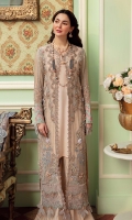 SHIRT  Embroidered & Hand-Work Embellished Chiffon Front Embroidered Front Neck Patch 1 Embroidered Front Neck Patch 2  Embroidered Scalloped Border Front & Back Embroidered Border Front & Back Embroidered Chiffon Back Embroidered Sleeves Embroidered Sleeves Patch Dyed Raw Silk Inner  DUPATTA  Printed & Foiled Organza Dupatta Embroidered 2 Side Borders Embroidered Scalloped Pallu  TROUSER  Plain Dyed Raw Silk Trouser Embroidered Patch