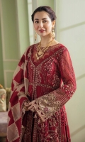 SHIRT  Embroidered & Hand-Work Embellished Chiffon Front Embroidered Front Body Embroidered Chiffon Back Embroidered Front & Back Neckline Patch Embroidered Front & Back Borders Hand-Work Embellished Lace Front & Back Embroidered Panel Patti Embroidered Sleeves Hand-Work Embellished Lace & Sleeves Patch Embroidered Sleeves Patch Embroidered Sleeves Border Patti Raw Silk Dyed Inner    DUPATTA  Embroidered Lazer Dupatta Embroidered 2 Side Borders Embroidered Organza Pallu Patches    TROUSER  Screen Printed Raw Silk Trouser