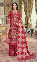 SHIRT  Embroidered & Hand-Work Embellished Chiffon Front Embroidered Front Body Embroidered Chiffon Back Embroidered Front & Back Neckline Patch Embroidered Front & Back Borders Hand-Work Embellished Lace Front & Back Embroidered Panel Patti Embroidered Sleeves Hand-Work Embellished Lace & Sleeves Patch Embroidered Sleeves Patch Embroidered Sleeves Border Patti Raw Silk Dyed Inner    DUPATTA  Embroidered Lazer Dupatta Embroidered 2 Side Borders Embroidered Organza Pallu Patches    TROUSER  Screen Printed Raw Silk Trouser