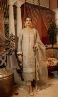 Organza front embroidered with tilla and thread 1.125 meters Organza sleeve embroidered with tilla and thread 0.75meters Organza dyed shirt back 0.818meter Screen printed organza dupatta 2.5meters cambric lawn trouser 2.5meters Organza pattis with tilla and thread embroidery 1.125meters
