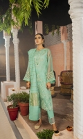 Organza shirt front with tilla and thread embroidery 0.66 meter organza sleeves 0.8 meter organza back 0.66meter Organza front and back hem borders in tilla and thread embroidery Tilla and thread embroidered sleeve border lawn slip 2meter zarri dupatta 2.5meters cambric lawn trouser 2.5meters