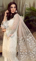 Embroidered chiffon for front: 1 yard  Embroidered chiffon for back: 1 yard  Embroidered organza border for front & back: 2 yards  Embroidered chiffon for sleeves: 0.75 yard  Embroidered Net for dupatta: 2.75 yards  Raw silk for trousers: 2.50 yards  Embroidered organza border for trousers: 1 yard