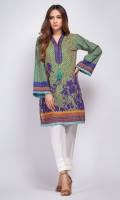 Ready to wear digital printed shirt. V neckline with fabric pleats and tassel detailing. Straight shirt with frayed trimmings on daman and straight full sleeves with frayed trimmings.