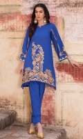 2 Pc Stitched Cambric Dress Boat Neck Embroidered Ront With Border Frills Embroidered Sleeves Straight Trouser With Frills