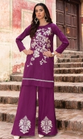 2 Pc Stitched Cambric Dress Boat Neck Fully Embroidered Front With Croatia Lace At Daaman Embroidered Plazo Trouser