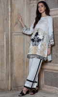 2 Pc Stitched Cambric Dress Boat Neck Richly Embroidered Front Embroidered Sleeves O White Plazo Trouser With Black Lining
