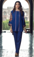 2 PC STITCHED DRESS ROUND NECK EMBROIDERED FRONT WITH CENTRAL PLEATS WORK, EMBROIDERED SLEEVES. LONG BACK.EMBROIDERED TROUSER WITH NAVY PURPLE SHADE