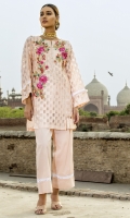 3 PC STITCHED DRESS JACQUARD ORGANZA SHIRT WITH EMBROIDERED FRONT  LONG TASSELS & PEARLS DETAILS AT FRONT NET LACE WORK AT SLEEVES. UNDER SHIRT PLAIN TROUSER WITH NET LACE WORK