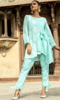 3 PC STITCHED DRESS COTTON NET SHIRT WITH EMBROIDERED FRONT SLEEVES WITH FRILLS .UNDER SHIRT PLAIN TROUSER WITH ORGANZA BORDERS AND KNOT