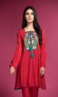 2 Pc Stitched Dress, Boat Neck, Embroidered Kurta With Fancy Neck Line Buttons & Resham Dori, Plain Linen Trouser