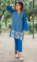 2 Pc Stitched Dress V Neck Embroidered Front Sleeves With Border Lace Plain Back Cambric Trouser
