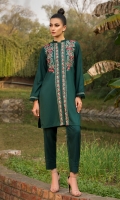2 PC STITCHED DRESS  BAN COLLAR  EMBROIDERED FRONT  SLEEVES WITH EMBROIDERED BORDER AND FRILLS  PLAIN TROUSER  LINEN TROUSER WITH PLEATS