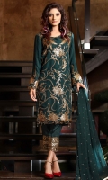2.5 meters Embroidered Chiffon shirt with sequins and tilla work 0.5 meter Chiffon sleeves with embroidery and sequins work 2.5 meters trouser 2.5 meters Embroidered chiffon Dupatta with Sequins work