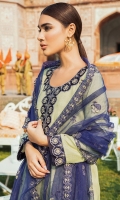 Front: 1.25 Yards Fully Embroidered Tarkashi Lawn with Silk Neck Line Patch & Front Border Patch Back: 1.25 Yards Fully Embroidered  Sleeves: 0.75 Yards Embroidered with Silk Patch Trouser: Cambric Plain Dupatta: 2.8 Yards Net Embroidered