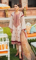 Front: 1.25 Yards Embroidered Jacquard Lawn & 2 Side Embroidered Panels Back: 1.25 Yards Printed Back Sleeves: 0.75 Yards Embroidered Sleeves  Trouser: Cambric Plain Dupatta: 2.8 Yards Organza Printed