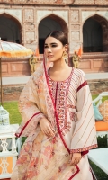 Front: 1.25 Yards Embroidered Jacquard Lawn & 2 Side Embroidered Panels Back: 1.25 Yards Printed Back Sleeves: 0.75 Yards Embroidered Sleeves  Trouser: Cambric Plain Dupatta: 2.8 Yards Organza Printed