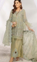 Elegant High Grade Chiffon Shirt With Gracefull Fully Embroidered Front and Back Shirt Heavy Embroidered Chiffon Dupatta Jamawar Trouser With Embroidered Patch