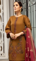 1.25 Meters Embroidered Slub Lawn Shirt Front,   1.25 Meters Plain Back,   0.75 Meter Embroidered Sleeves,   2.5 Meter Composed Jacquard Dupatta,  2.5 Meters Cotton Dyed Trouser