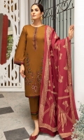 1.25 Meters Embroidered Slub Lawn Shirt Front,   1.25 Meters Plain Back,   0.75 Meter Embroidered Sleeves,   2.5 Meter Composed Jacquard Dupatta,  2.5 Meters Cotton Dyed Trouser