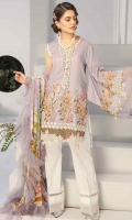 2.5 meters Embroidered Jacquard lawn shirt 0.5 meter Jacquard lawn embroidered sleeves 2.5 meters plain trouser 2.5 meters chiffon Dupatta