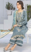 2.5 meters Embroidered Jacquard lawn shirt 0.5 meter Jacquard lawn embroidered sleeves 2.5 meters plain trouser 2.5 meters chiffon Dupatta