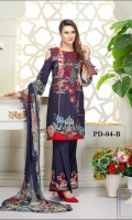 Three pcs embroidered linen suit with chiffon dupatta