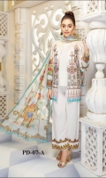 Three pcs embroidered linen suit with chiffon dupatta