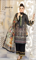 Three pcs embroidered linen suit with chiffon dupatta