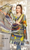 Three pcs embroidered linen suit with chiffon dupatta