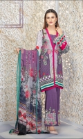 Three pcs embroidered linen suit with chiffon dupatta