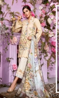 Embroidered Gold jekard Front: 1.25 mtr Digital Print Back: 1.25 mtr Gold Jekard Sleeves: 0.5 mtr Digital Print Silk Dupatta: 2.50 mtr Dyed Trouser: 2.50 mtr Digital Printed Trouser Patch: 1 pcs