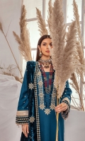 Heavy Embroidered Velvet Shawl With Tilla & Sequence Work: 2.5 Mtrs                               Embroidered Italian Shirt Front With Velvet Daman & Neckline Border: 1.25 Mtrs               Embroidered Italian Shirt Back With Daman Border Velvet Back: 1.25 Mtrs                         Embroidered Seleves With Velvet Border: 0.7 Mtrs                                                                   Plain Italian Trouser: 2.5 Mtrs