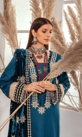 Heavy Embroidered Velvet Shawl With Tilla & Sequence Work: 2.5 Mtrs                               Embroidered Italian Shirt Front With Velvet Daman & Neckline Border: 1.25 Mtrs               Embroidered Italian Shirt Back With Daman Border Velvet Back: 1.25 Mtrs                         Embroidered Seleves With Velvet Border: 0.7 Mtrs                                                                   Plain Italian Trouser: 2.5 Mtrs