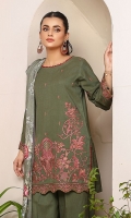 Embroidered Woolen Peach Front : 1.25 Meters Plain Woolen Peach Back : 1.25 Meters Embroidered Woolen Peach Sleeves : 0.7 Meters Printed Woolen Peach Dupatta : 2.5 Meters Plain Woolen Peach Trouser : 2.5 Meters
