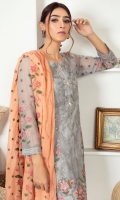 2.5 meters Embroidered Chiffon Shirt with Thread and Tilla Work, 0.5 meter Embroidered Chiffon Sleeves, 2.5 meters Plain Raw Silk Trouser, 2.5 meters Embroidered Chiffon Dupatta
