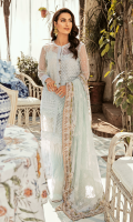 Schiffli Embroidered Front Piece Organza Embroidered Front Piece  Schiffli Embroidered Lace for Front  Schiffli Embroidered Border  Plain Slip for Front  Digital Printed Back  Net Sleeves  Schiffli Embroidered Chiffon Dupatta  Digital Printed Charmouse Silk Patch  Dyed Trouser