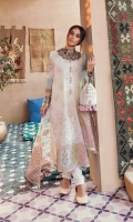 Dori & schiffli Embroidered Front  Chatta Patti Border (Front)  Embroidered Motifs for Sleeves  Embroidered Patches on raw silk for sleeves  Block Printed Back & Sleeves  Plain sleeves  Dupatta  Organza Block Printed Dupatta (Tie & Dye)  Trouser  Plain Trouser