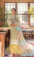 Schiffli Embroidered Front Center Panel  Embroidered Motifs (Front)  Schiffli Embroidered side patches  Sheesha Embroidered Border (Front and Sleeves)  Block Printed side Panels  Block Printed Back & Sleeves  Embroidered Border (Back)  Dupatta  Foam Printed Net Jacquard Dupatta  Trouser  Plain Trouser