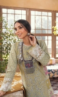 Schiffli Embroidered Front Center Panel  Embroidered Motifs (Front)  Schiffli Embroidered side patches  Sheesha Embroidered Border (Front and Sleeves)  Block Printed side Panels  Block Printed Back & Sleeves  Embroidered Border (Back)  Dupatta  Foam Printed Net Jacquard Dupatta  Trouser  Plain Trouser