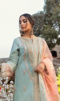 Shirt Embroidered front Dori Embroidered Neckline Dori Embroidered Lace ( Front ) Embroidered Sleeves Block Printed Back Sheesha Embroidered Border ( Front, Back, and Sleeves) Embroidered Motifs (Sleeves) on Raw Silk  Dupatta Chatta Patti Embroidered Palu (Dupatta) Block Printed Zigzag Patti x6 Block Printed side panels foil printed Dupatta Block Printed Patti For Dupatta on raw silk  Trouser Plain Trouser Dori Embroidered Lace ( Trouser )