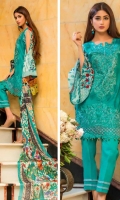 Embroidered Front Printed Back Printed Sleeves Digital Silk Dupatta Dyed Trouser Embroidered Border Patch for front