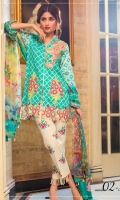 Printed Front Printed Back Printed Sleeves Digital Chiffon Dupatta Printed Trouser Two Embroidered Motif for Front Embroidered Border for Trouser Embroidered Neckline