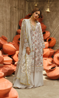 ROCKET NET EMBROIDERED FRONT DIGITAL PRINTED BACK ROCKET NET EMBROIDERED SLEEVES PLAIN SLIP FOR FRONT GOTTA EMBROIDERED BORDER FOR SLEEVES AND FRONT HANDMADE COTTON NET DUPATTA WITH JACQUARD BORDER AND CHAPTTI DORI DYED TROUSER