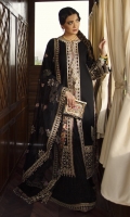 Shirt Embroidered Front Motifs x2 Embroidered Back Motif Embroidered Neckline (Front and Back) Embroidered Tassels x8 Embroidered (Front & Back Border) Embroidered (Front Center lace) Embroidered (Front side lace) Embroidered (Sleeves Border) Plain fabric (Front, Back and Sleeves) Dupatta Block Printed on organza Embroidered lace Sheesha Embroidered Pallus Trouser Plain Trouser Embroidered lace