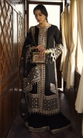 Shirt Embroidered Front Motifs x2 Embroidered Back Motif Embroidered Neckline (Front and Back) Embroidered Tassels x8 Embroidered (Front & Back Border) Embroidered (Front Center lace) Embroidered (Front side lace) Embroidered (Sleeves Border) Plain fabric (Front, Back and Sleeves) Dupatta Block Printed on organza Embroidered lace Sheesha Embroidered Pallus Trouser Plain Trouser Embroidered lace