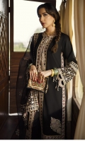 Shirt Embroidered Front Motifs x2 Embroidered Back Motif Embroidered Neckline (Front and Back) Embroidered Tassels x8 Embroidered (Front & Back Border) Embroidered (Front Center lace) Embroidered (Front side lace) Embroidered (Sleeves Border) Plain fabric (Front, Back and Sleeves) Dupatta Block Printed on organza Embroidered lace Sheesha Embroidered Pallus Trouser Plain Trouser Embroidered lace