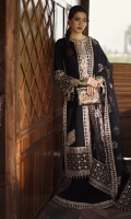 Shirt Embroidered Front Motifs x2 Embroidered Back Motif Embroidered Neckline (Front and Back) Embroidered Tassels x8 Embroidered (Front & Back Border) Embroidered (Front Center lace) Embroidered (Front side lace) Embroidered (Sleeves Border) Plain fabric (Front, Back and Sleeves) Dupatta Block Printed on organza Embroidered lace Sheesha Embroidered Pallus Trouser Plain Trouser Embroidered lace