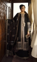 Shirt Embroidered Front Motifs x2 Embroidered Back Motif Embroidered Neckline (Front and Back) Embroidered Tassels x8 Embroidered (Front & Back Border) Embroidered (Front Center lace) Embroidered (Front side lace) Embroidered (Sleeves Border) Plain fabric (Front, Back and Sleeves) Dupatta Block Printed on organza Embroidered lace Sheesha Embroidered Pallus Trouser Plain Trouser Embroidered lace