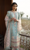 Shirt Embroidered (Back) Embroidered Border (Front) Embroidered (Front Motifs) x2 Embroidered (Front) Embroidered (Neckline) Embroidered Sleeves Embroidered sleeves Patch Embroidered Tassels x4 Dupatta Embroidered on Organza Embroidered (Pallus) Trouser Plain Trouser