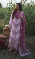 Shirt Embroidered (Front ,Back & Sleeves) Schiffli Embroidered (Front lace) Embroidered (Front center lace) Sheesha Embroidered Border (Front) Digital Organza Patch (Back) Embroidered Tassels x4 Embroidered Neckline Gotta Embroidered (Front & back Border) Embroidered Sleeves lace Dupatta Embroidered Dupatta on Organza Embroidered & Digital Printed pallus Trouser Plain Trouser
